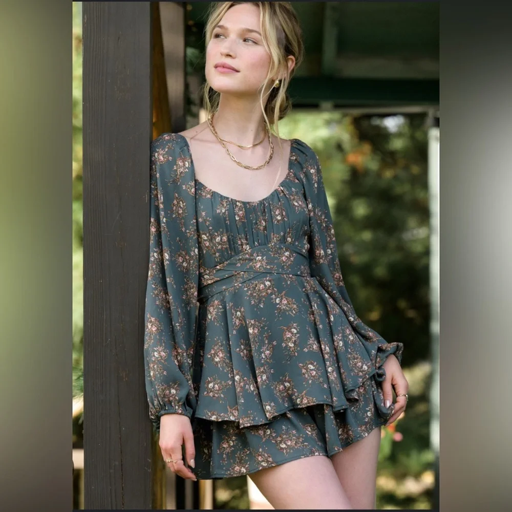 Altar'd State | Pants & Jumpsuits | Altard State Weslia Floral Romper Xs Long  Sleeve Shorts Green Peasant Sleeve | Poshmark